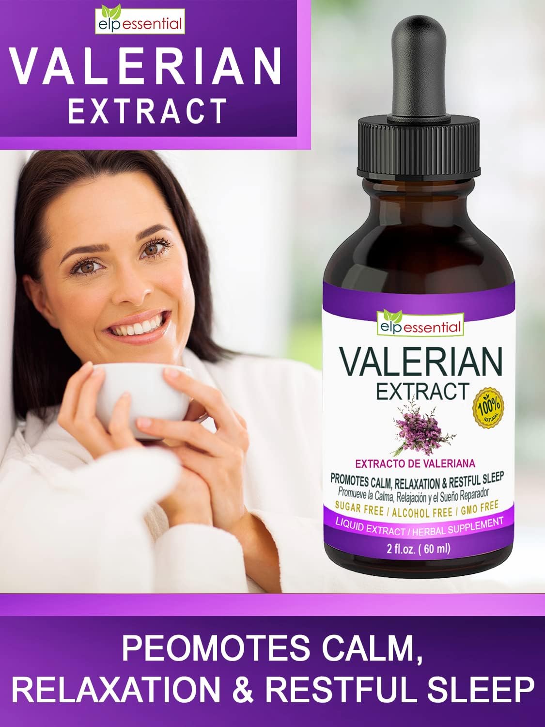 2 fl oz ELP ESSENTIAL Valerian Root Extract Drops - Sugar Free, Alcohol Free, Non-GMO, Gluten Free Liquid