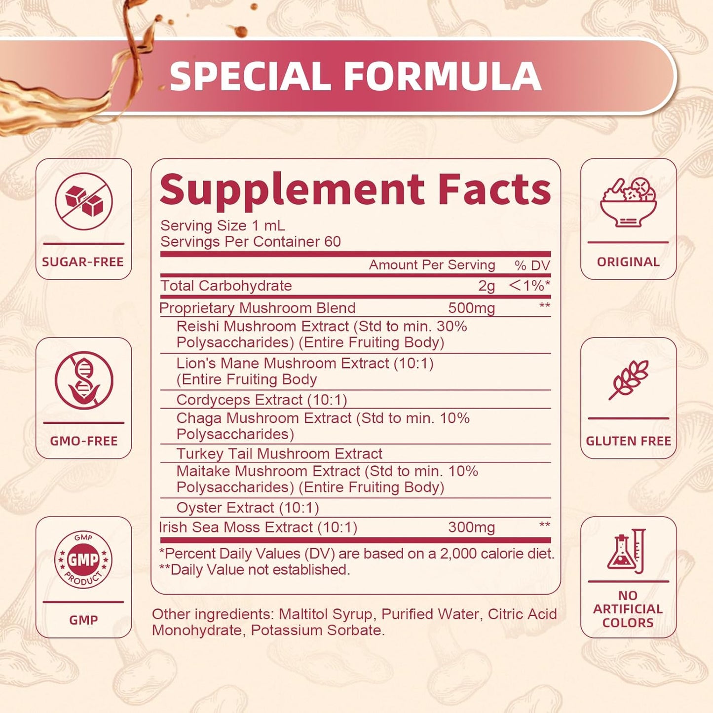 2 Fl Oz Lion's Mane Mushroom Liquid Drops with Sea Moss Complex - Memory, Focus, and Immunity Support