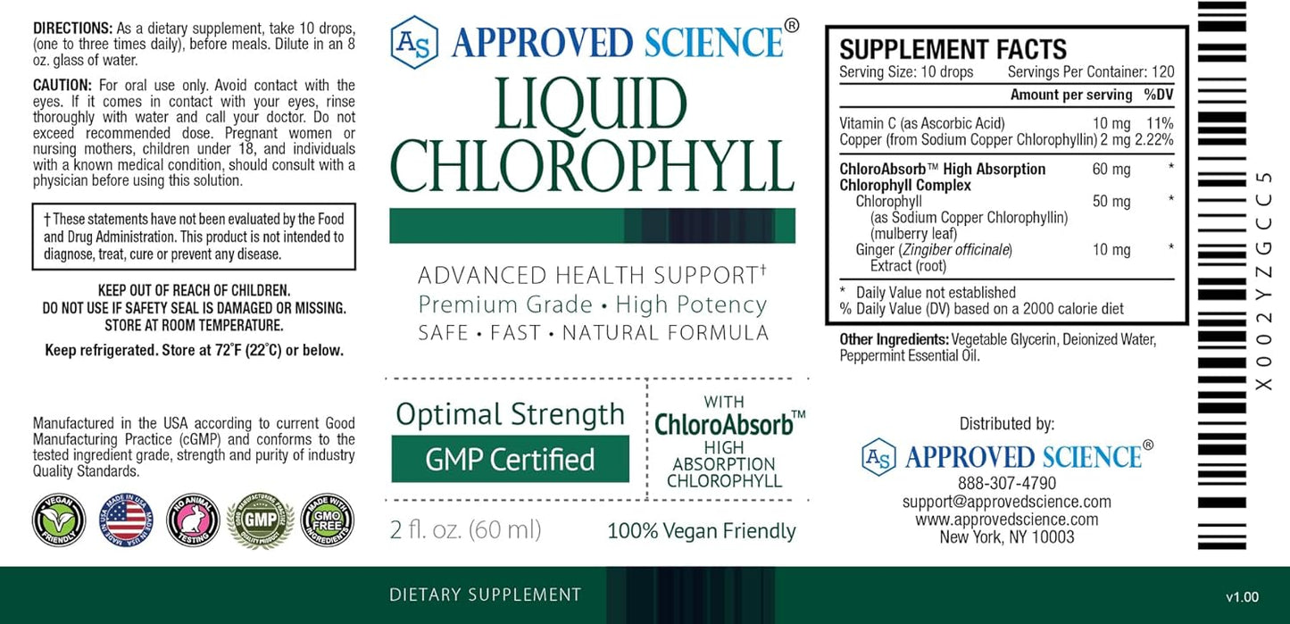 2 fl. oz. Liquid Chlorophyll with ChloroAbsorb & Mulberry Extract - Energize Body, Digestive & Immune Support - Natural Deodorant, Detox - Vegan, Made in USA