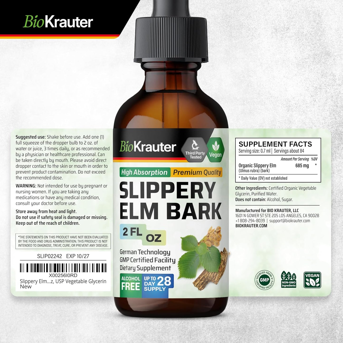 2 Fl. Oz. Lung Detox Tincture with Slippery Elm - Herbal Bio Krauter Respiratory Support Remedy