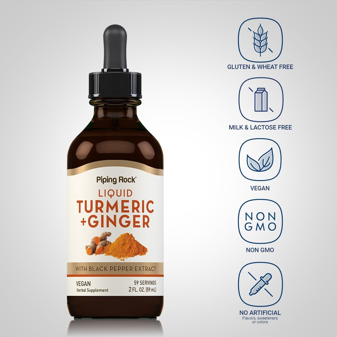 2 fl oz Piping Rock Turmeric and Ginger Liquid Supplement with Black Pepper Extract - Vegan, Non-GMO, Gluten Free