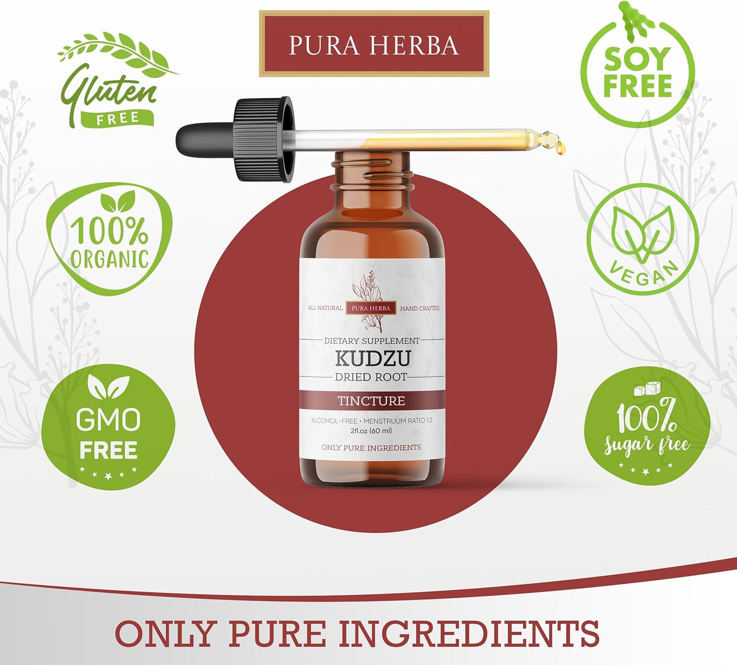 2 Fl Oz Pura Herba Organic Kudzu Root Extract - Vegan Alcohol Support Supplement - Non-GMO, Made in USA - Alcohol-Free