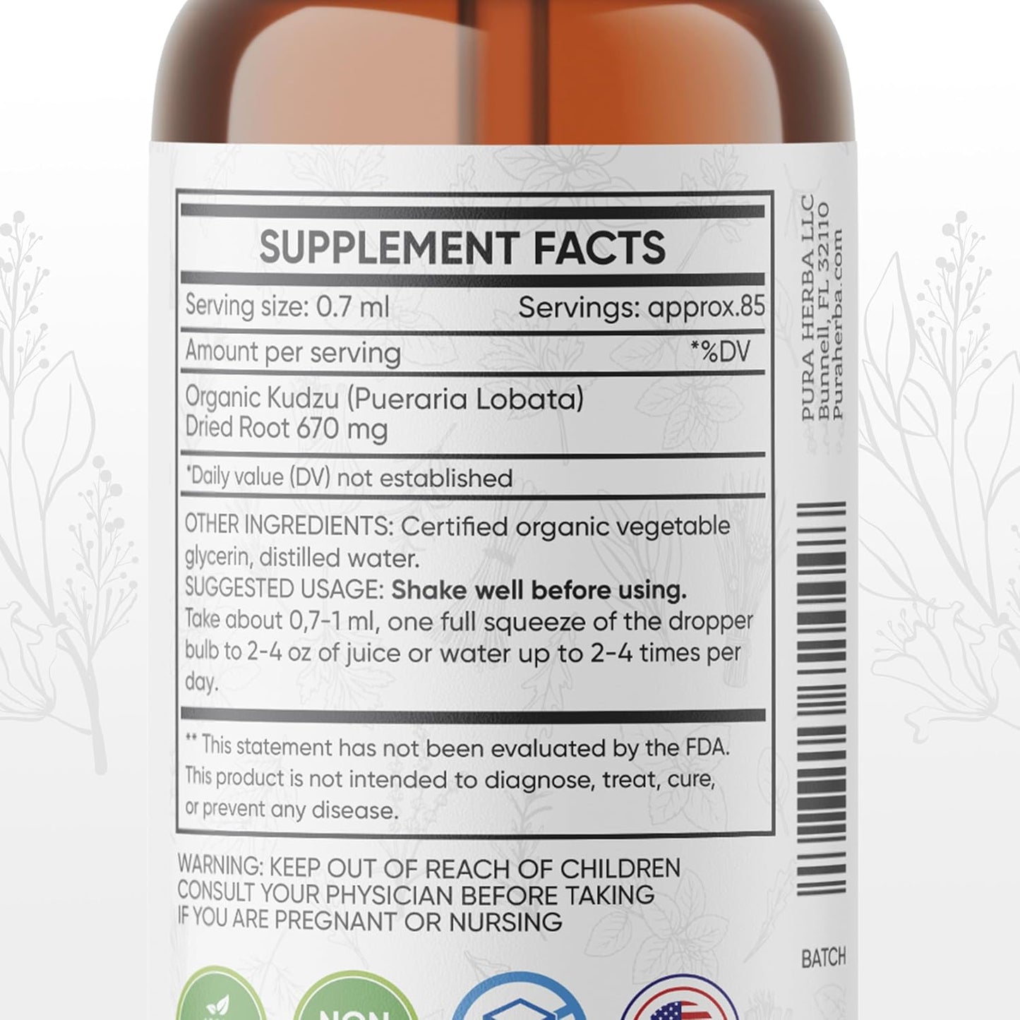 2 Fl Oz Pura Herba Organic Kudzu Root Extract - Vegan Alcohol Support Supplement - Non-GMO, Made in USA - Alcohol-Free