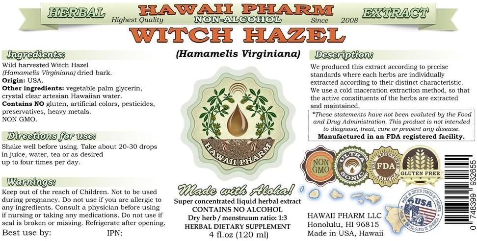 2 fl.oz Hawaii Pharm Witch Hazel Alcohol-Free Liquid Extract - Hamamelis Virginiana Dried Leaf Glycerite Herbal Supplement USA