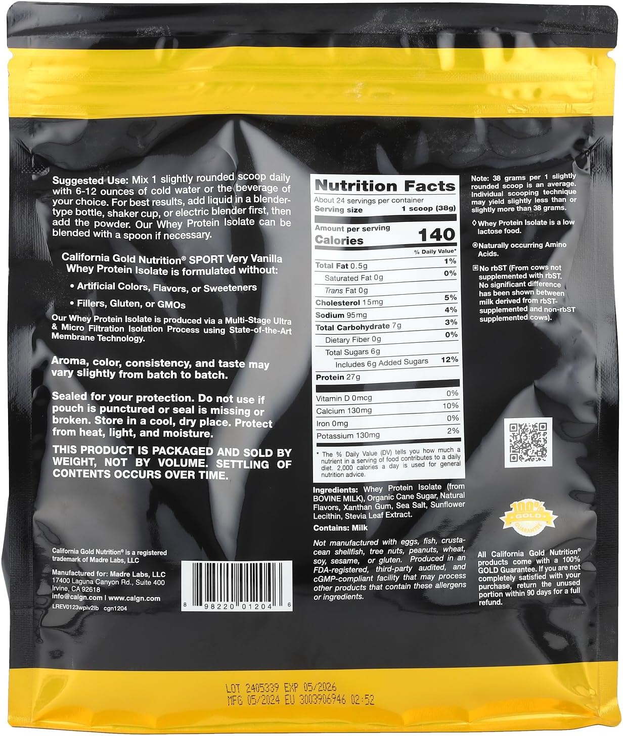 2 lb California Gold Nutrition Sport Very Vanilla Whey Protein Isolate