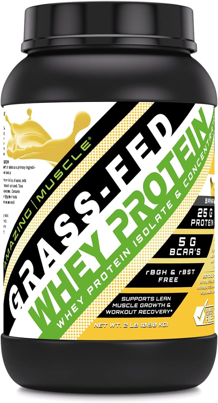 2 Lb Grass-Fed Whey Protein Powder (Non-GMO, Gluten-Free, Banana Flavor) - Supports Muscle Growth and Energy Production - Natural Ingredients
