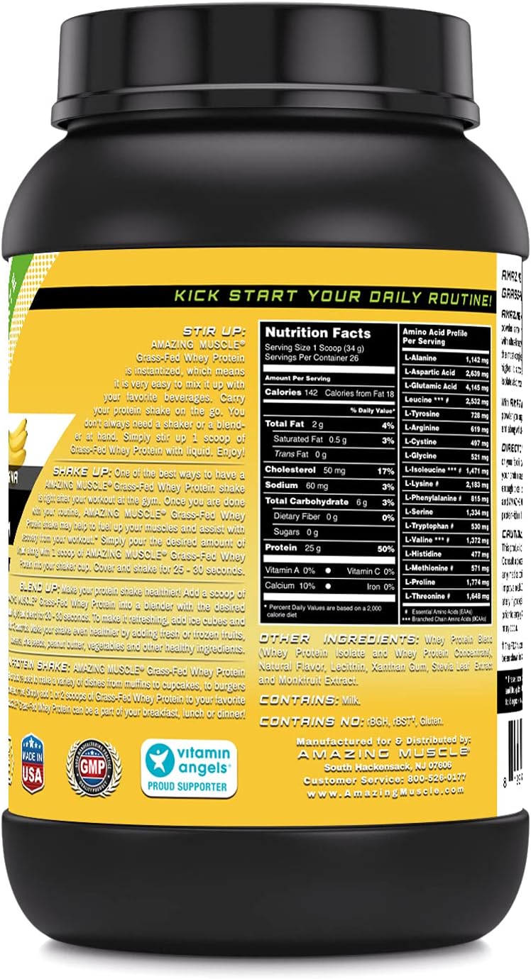 2 Lb Grass-Fed Whey Protein Powder (Non-GMO, Gluten-Free, Banana Flavor) - Supports Muscle Growth and Energy Production - Natural Ingredients