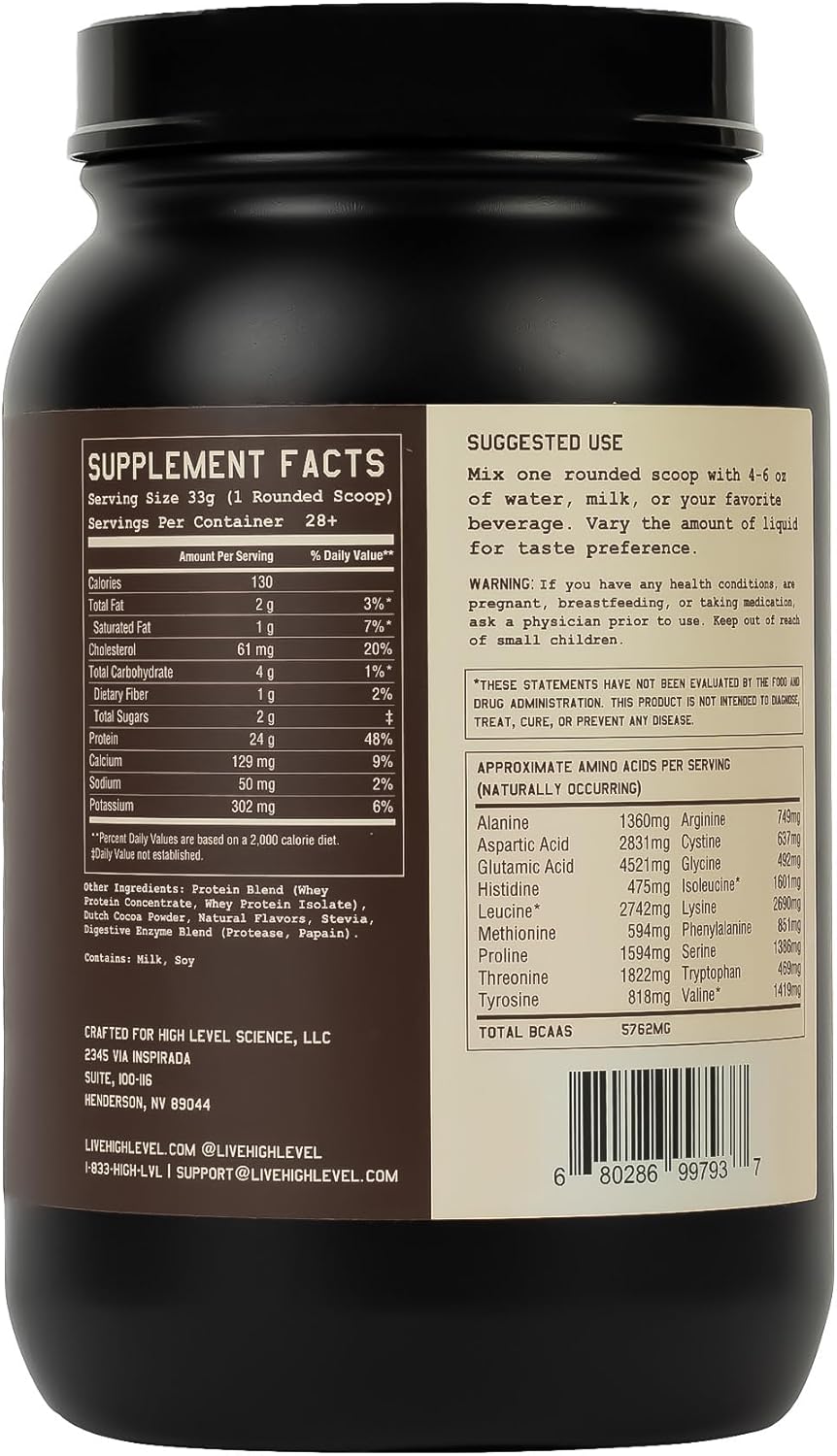 2 lb High Level Chocolate Whey Protein Powder with Stevia - 24g Protein, Non-GMO, Digestive Enzymes for Absorption - Made in USA