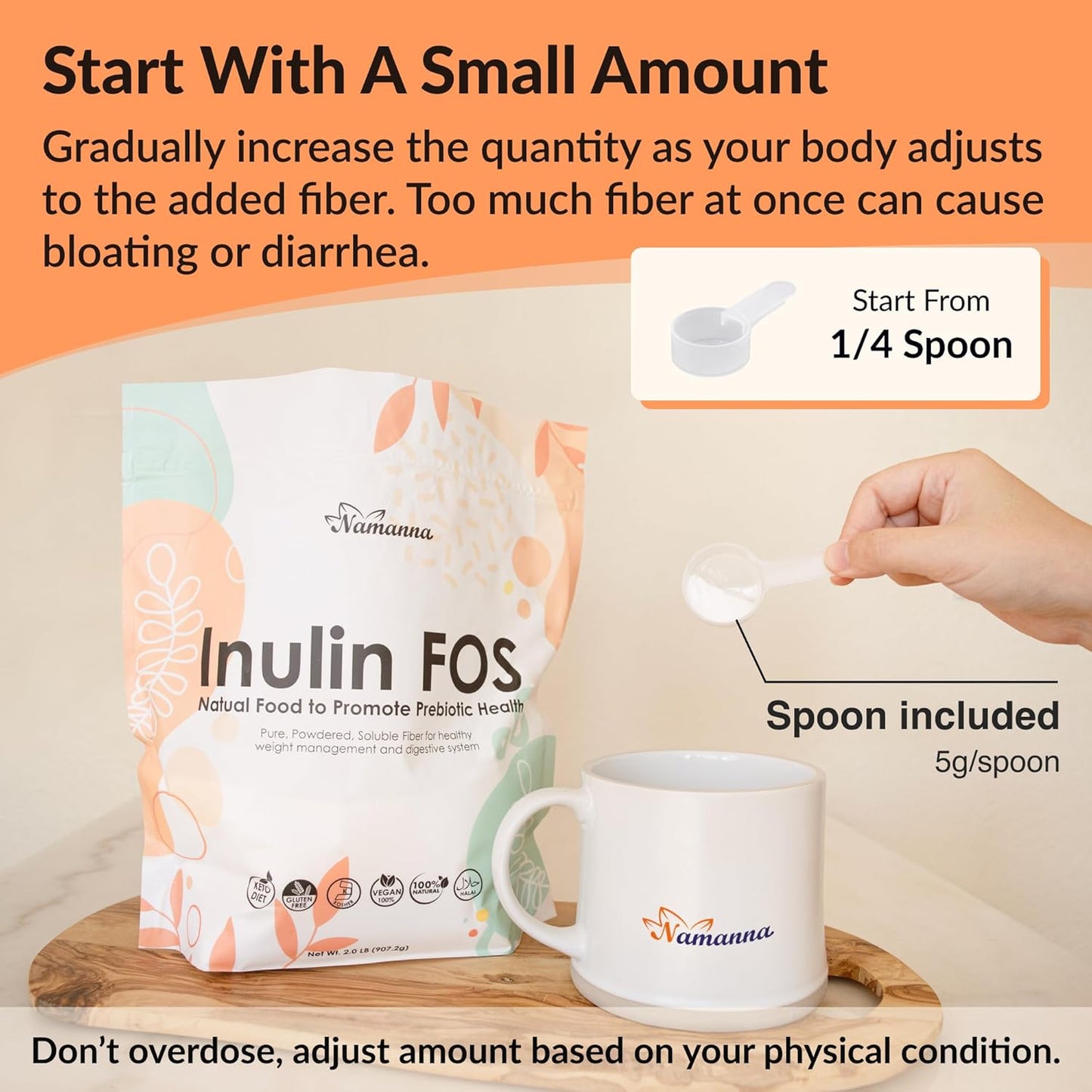 2 lb NAMANNA Pure Inulin FOS Powder: Chicory Root Prebiotic Fiber, Supports Gut Health, Vegan, 2 Pack