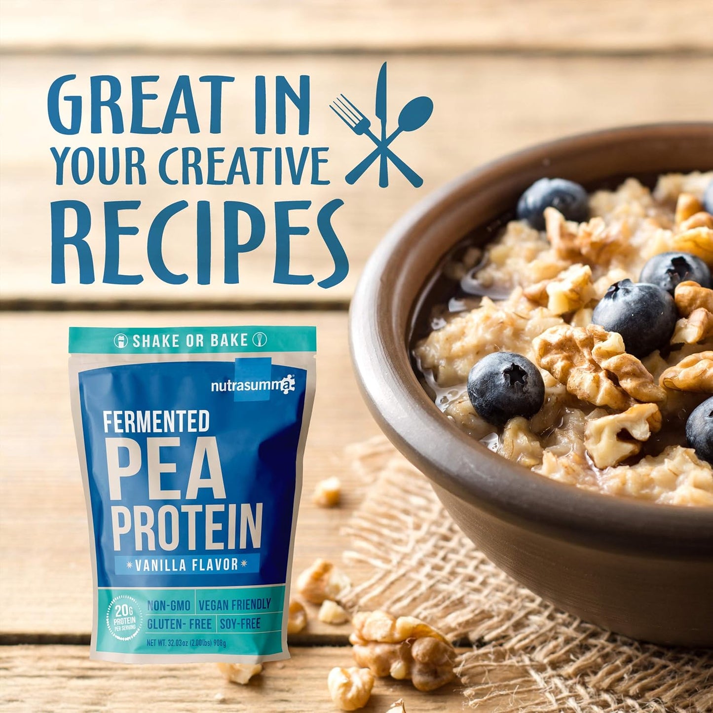 2 LB Nutrasumma Vanilla Pea Protein Powder - Gluten-Free, Non-GMO, Vegan Protein Powder with No Bloating