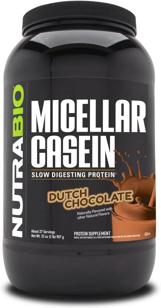 2 lbs Dutch Chocolate NutraBio Micellar Casein Protein Powder - Premium Quality Slow Digesting Protein Supplement