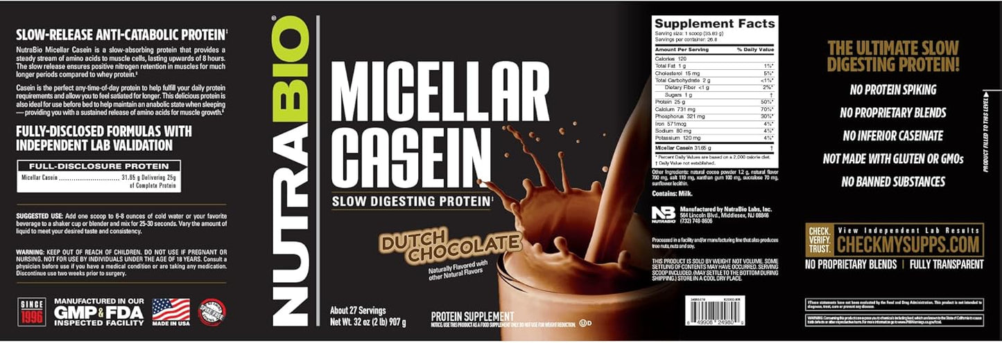 2 lbs Dutch Chocolate NutraBio Micellar Casein Protein Powder - Premium Quality Slow Digesting Protein Supplement