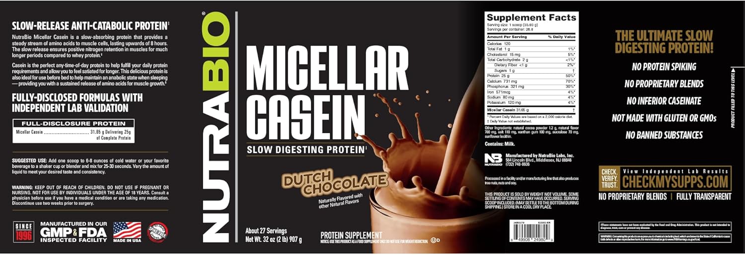 2 lbs Dutch Chocolate NutraBio Micellar Casein Protein Powder - Premium Quality Slow Digesting Protein Supplement