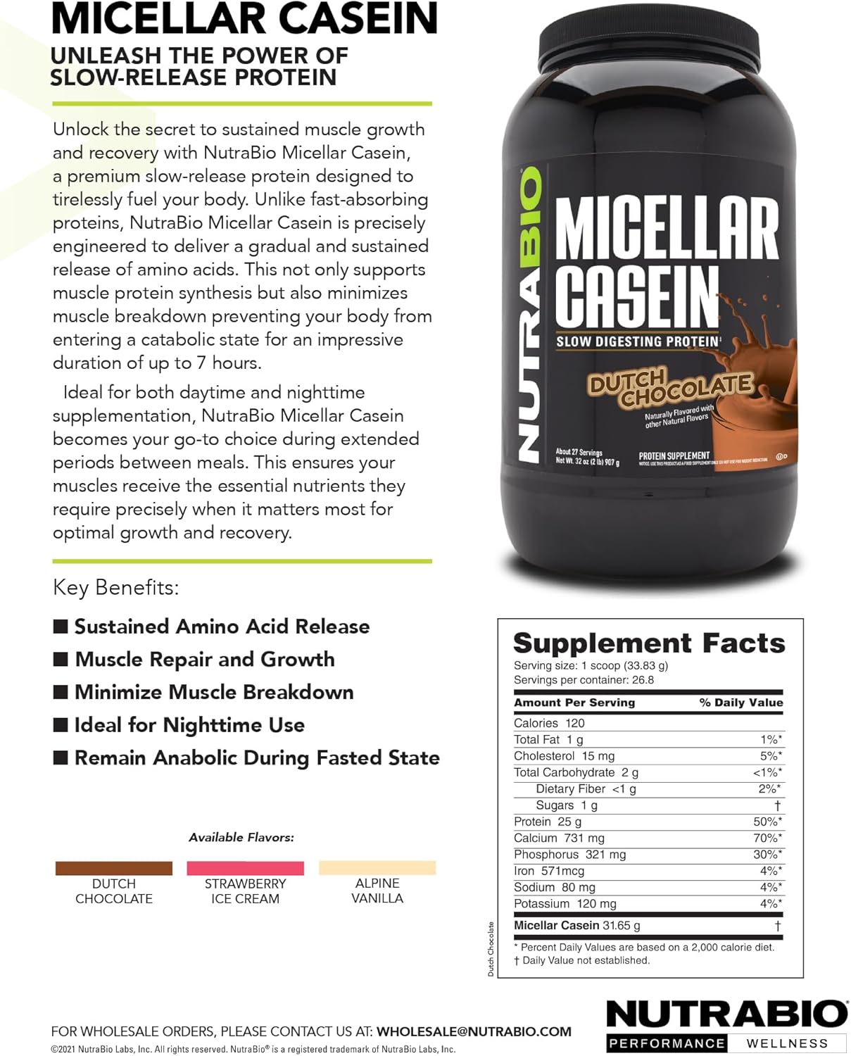 2 lbs Dutch Chocolate NutraBio Micellar Casein Protein Powder - Premium Quality Slow Digesting Protein Supplement