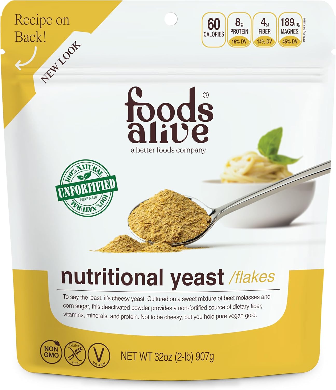 2 lbs Non-Fortified Premium Nutritional Yeast Flakes: Vegan Cheese Powder Seasoning by Foods Alive