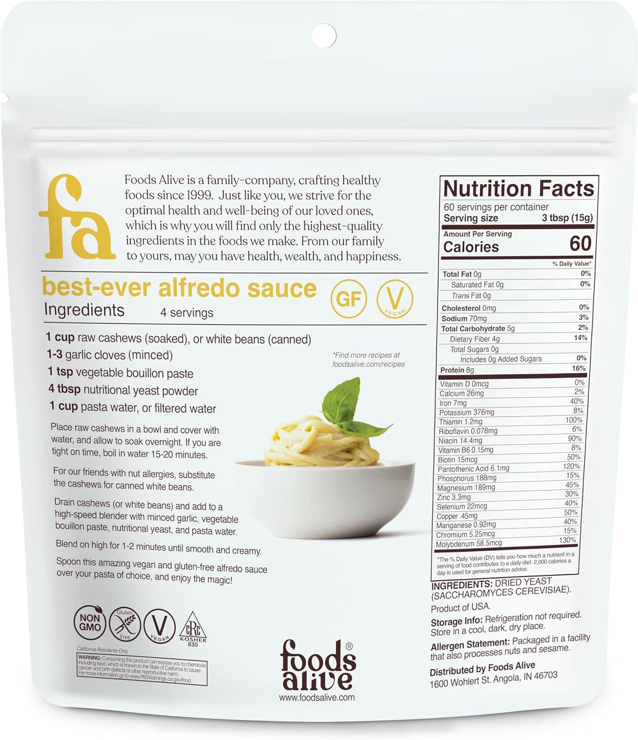 2 lbs Non-Fortified Premium Nutritional Yeast Flakes: Vegan Cheese Powder Seasoning by Foods Alive