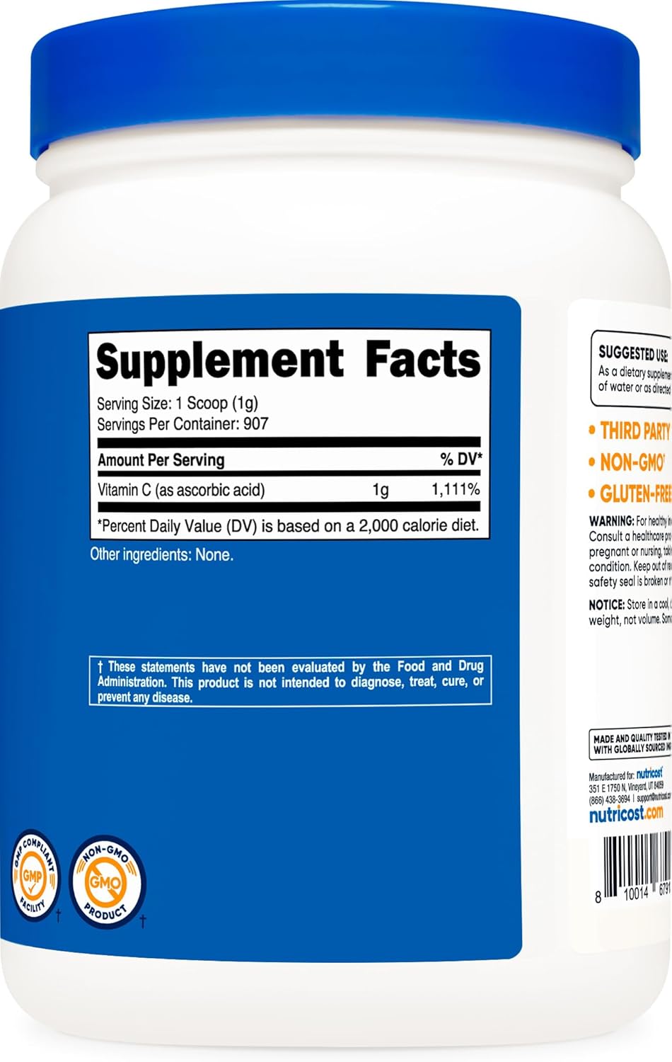 2 LBS Nutricost Ascorbic Acid Powder (Vitamin C) - Gluten Free, Non-GMO Supplement