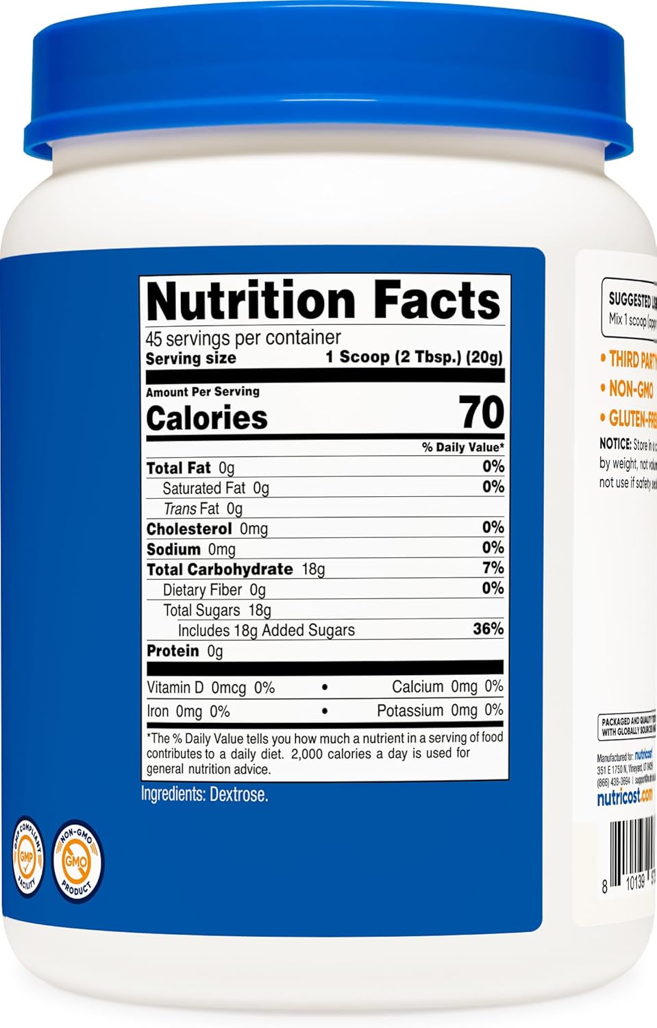 2 LBS Nutricost Dextrose Powder - Non-GMO and Gluten Free Formula
