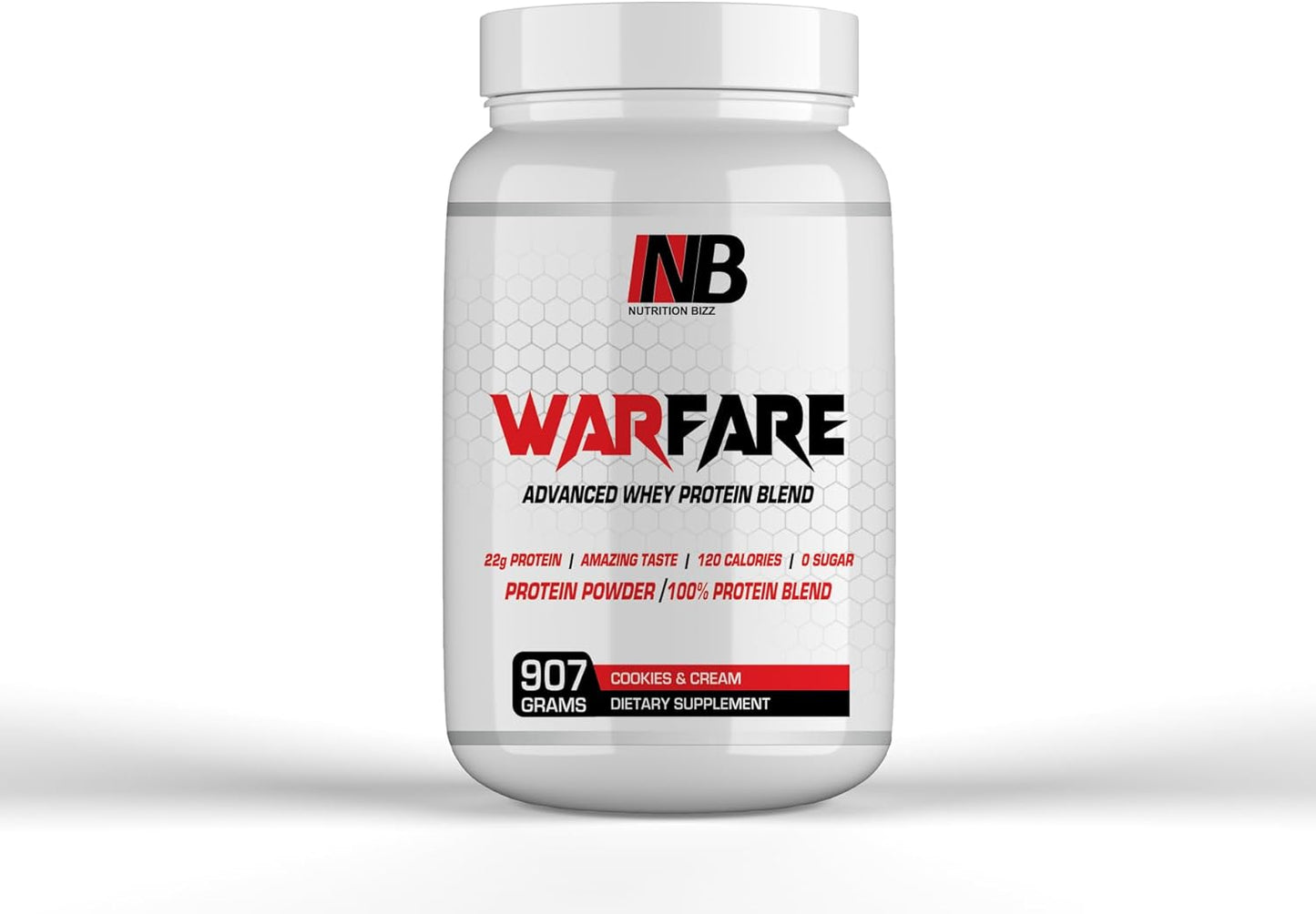 2 lbs NutritionBizz Warfare Whey Protein Blend - 22g Protein per Serving - Cookies and Cream Flavor