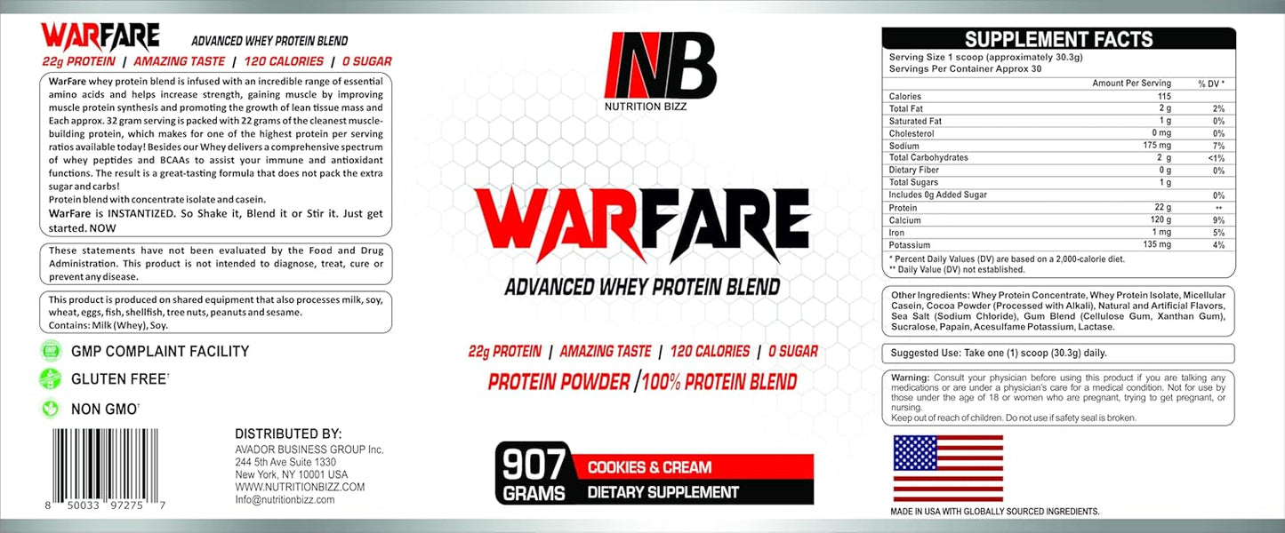 2 lbs NutritionBizz Warfare Whey Protein Blend - 22g Protein per Serving - Cookies and Cream Flavor