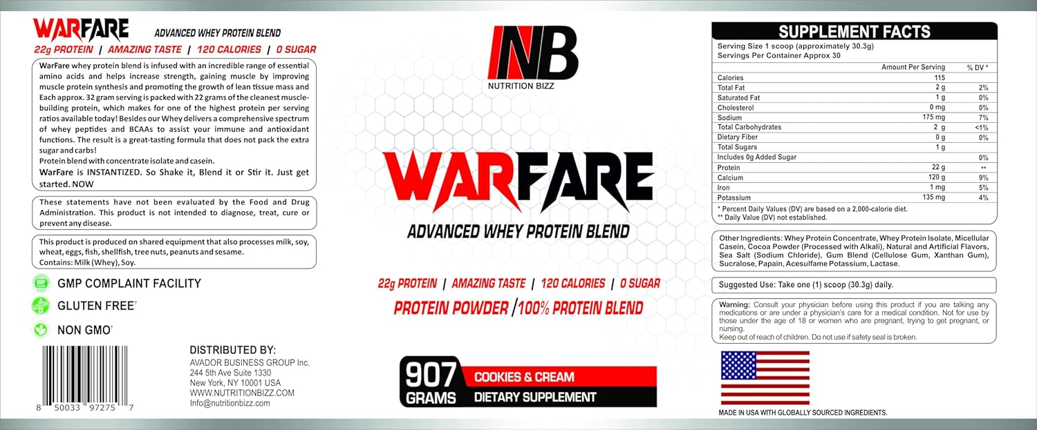 2 lbs NutritionBizz Warfare Whey Protein Blend - 22g Protein per Serving - Cookies and Cream Flavor