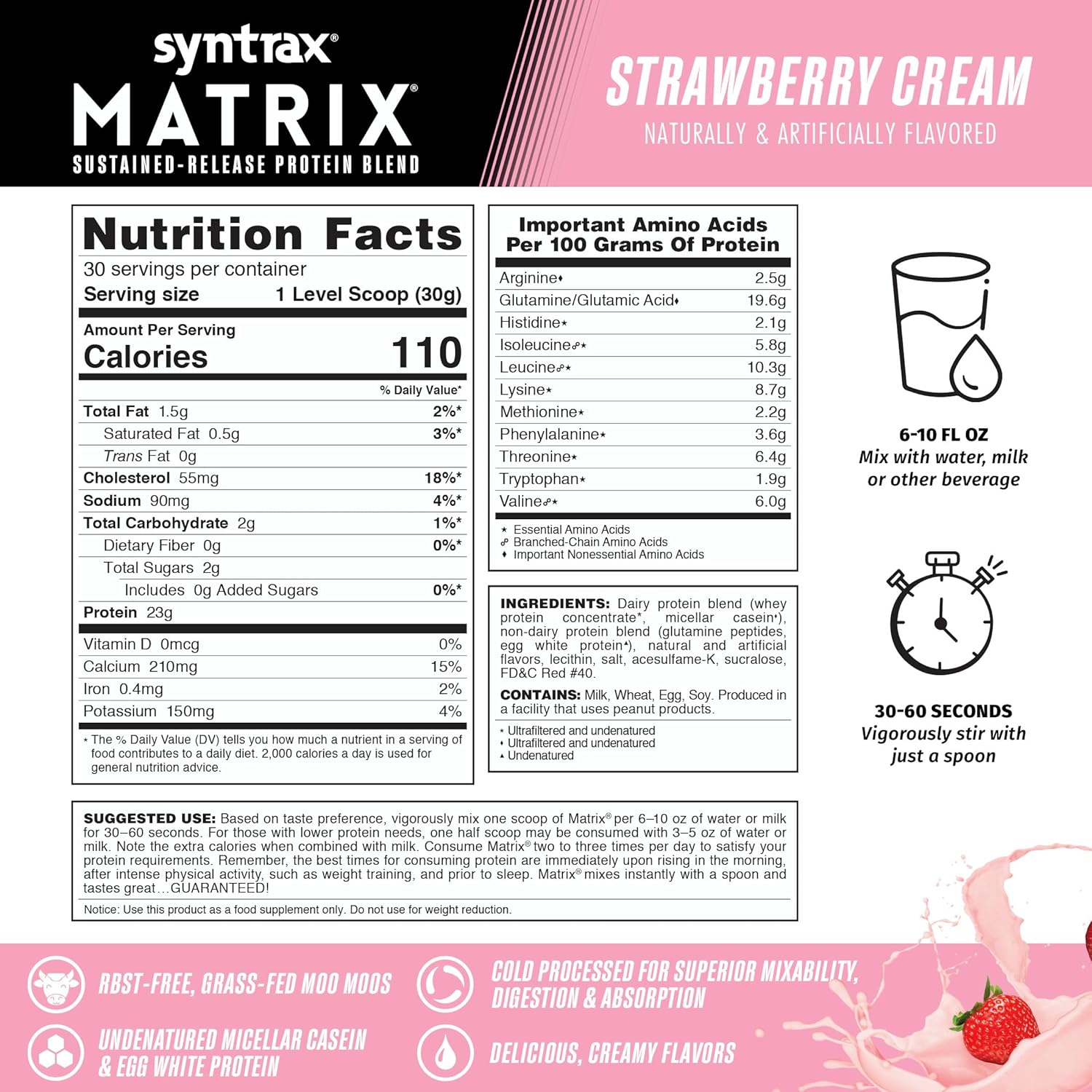 2 lbs Syntrax Nutrition Matrix Sustained-Release Strawberry Cream Protein Blend - High-Quality Formula for Muscle Recovery & Growth