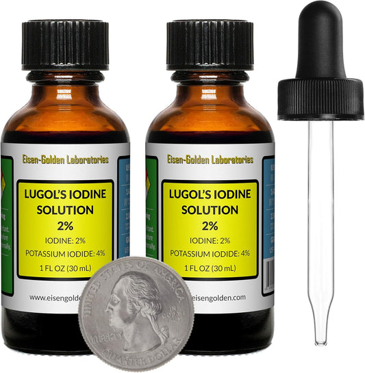 2% Lugol's Iodine Solution - 2 Oz - Two Amber Glass Bottles - Free Droppers - Made in USA