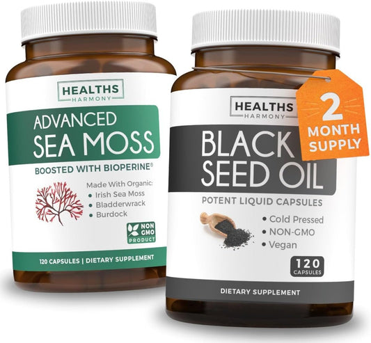 2-Month Supply: Black Seed Oil & Irish Sea Moss Capsules - Cold-Pressed Nigella Sativa and Bladderwrack with Bioperine for Wellness
