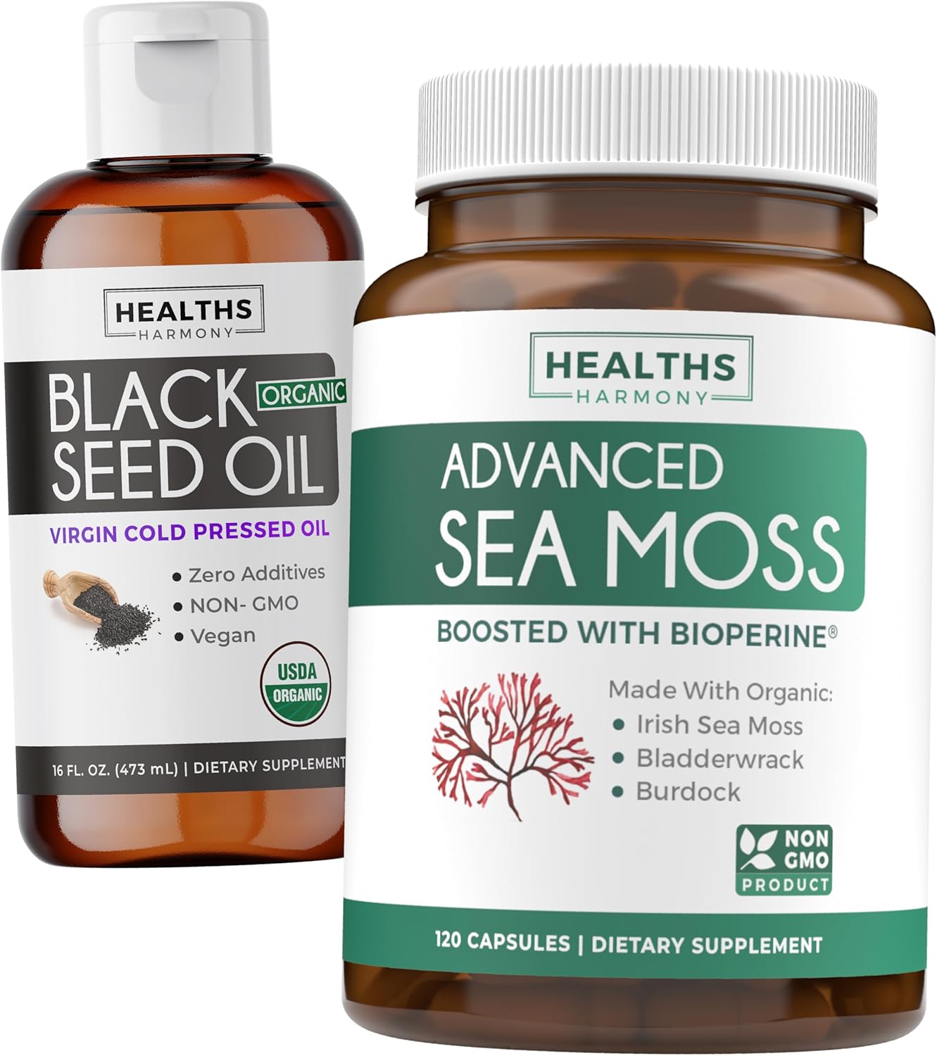 2-Month Supply Black Seed Oil Liquid & Sea Moss Fusion Bundle - Premium Cold-Pressed Cumin Seed Oil & Organic Irish Sea Moss with BioPerine - Vegan Friendly
