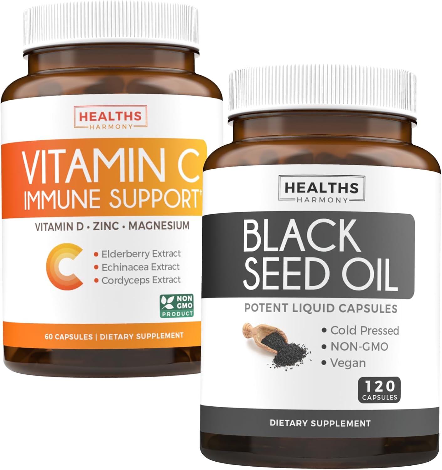2-Month Supply Black Seed Oil & Vitamin C Immune Defense Bundle - Cold-Pressed Cumin Seed & Nigellia Sativa Capsules with Vegetarian Vitamin C Tablets
