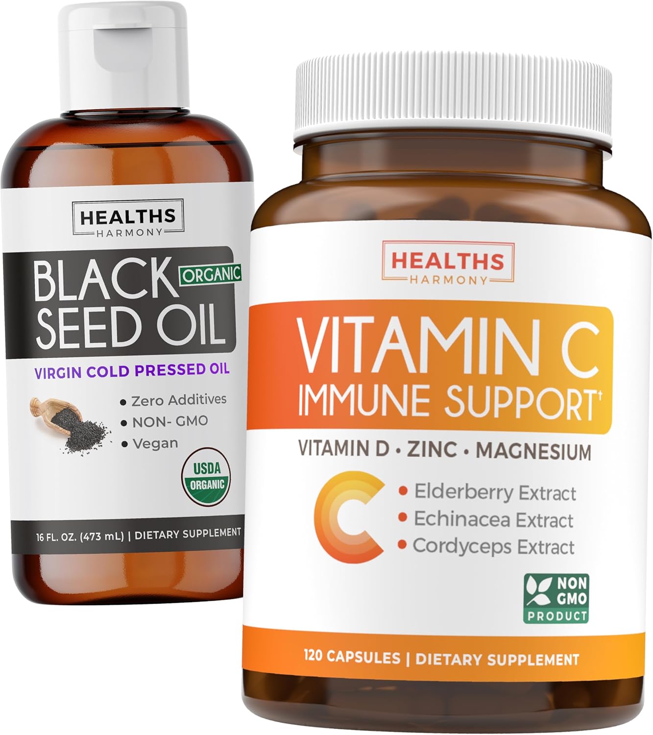 2-Month Supply Immune Maximiser Bundle: Black Seed Oil Liquid (16fl.oz) & Vitamin C Capsules for Immune Support