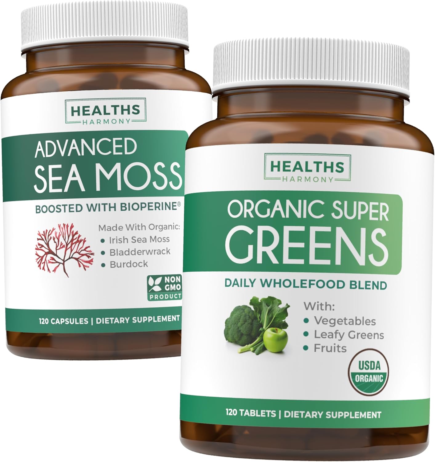 2-Month Supply: Irish Sea Moss & Organic Super Greens Combo - Raw Vegan Superfood Capsules with 28 Fruits & Vegetables