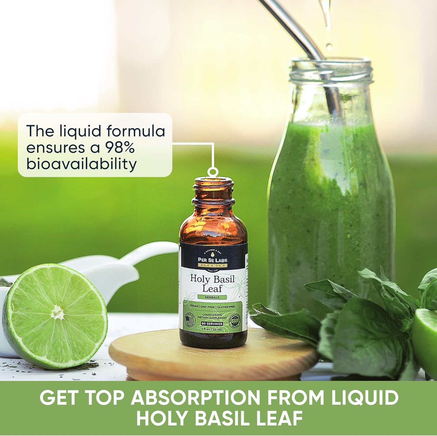 2-Month Supply of Organic Holy Basil Leaf Liquid Drops for Immune Support, Brain Function, and Focus Booster