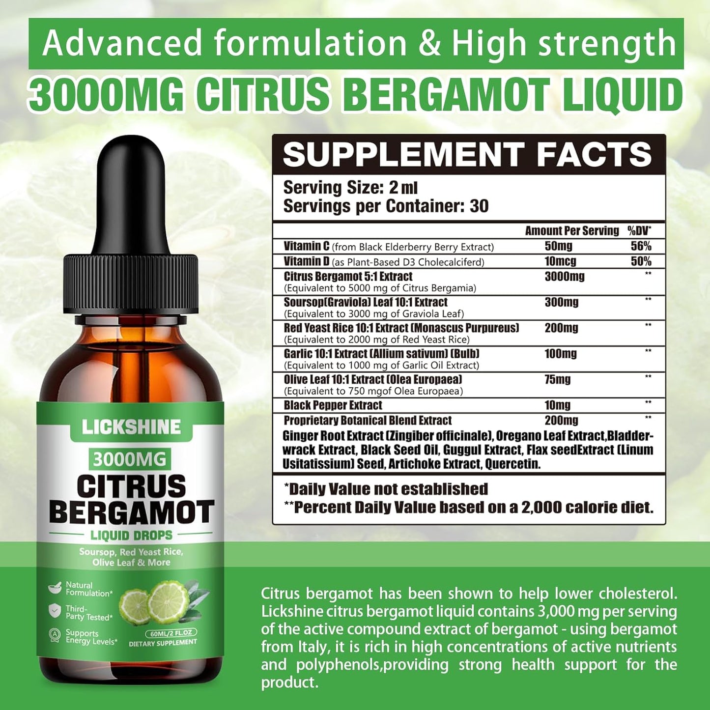 2 Pack 3000mg Citrus Bergamot Liquid Drops for Cholesterol Lowering & Immune Support - Soursop Bitters Liquid, 4 Fl Oz