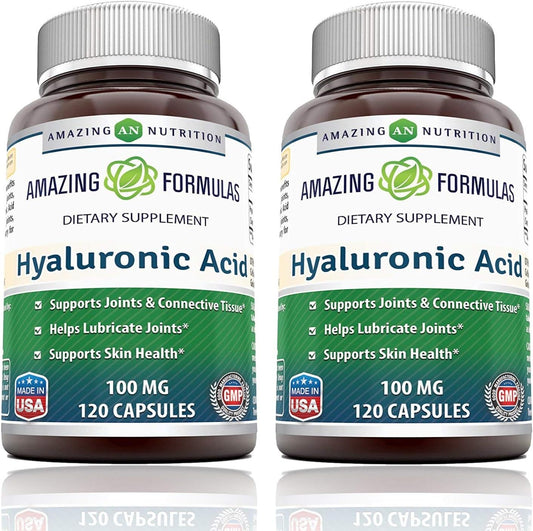 2 Pack Amazing Formulas Hyaluronic Acid 100 mg Capsules - Non-GMO & Gluten Free Supplement - 120 Count - USA Made