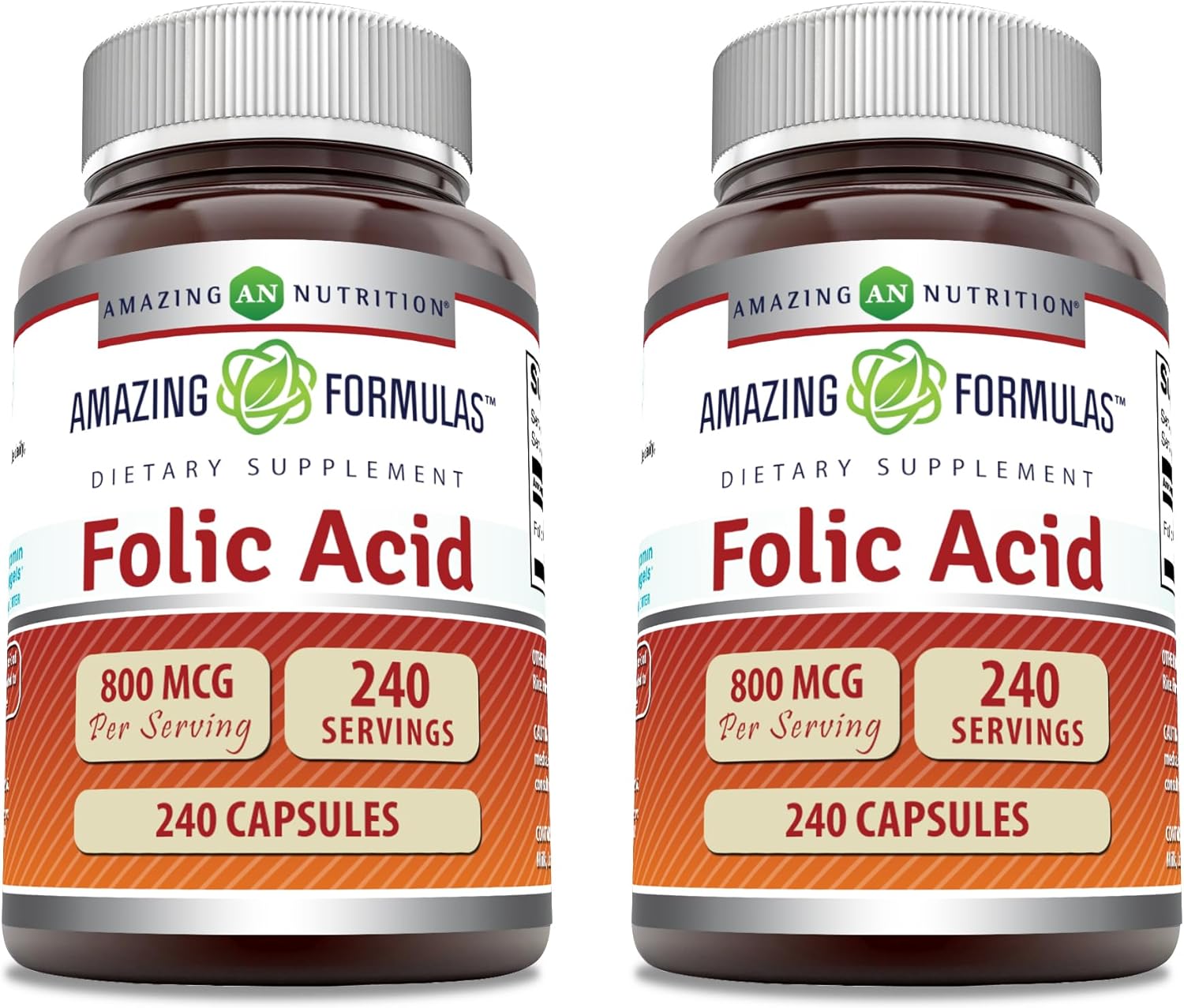2-Pack Amazing Nutrition Amazing Formulas Folic Acid 800mcg 240 Capsules Vitamin B9 Non-GMO Gluten-Free USA
