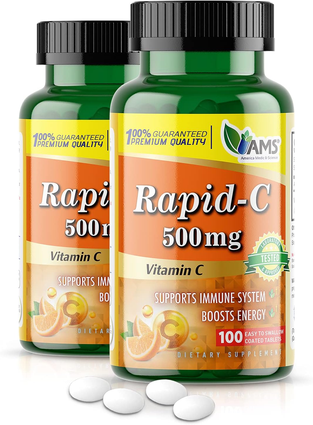 2 Pack America Medic & Science Rapid-C 500mg Vitamin C Supplements - Boost Energy & Support Immune System with Antioxidants - Vegan & Non-GMO Tablets for Adults