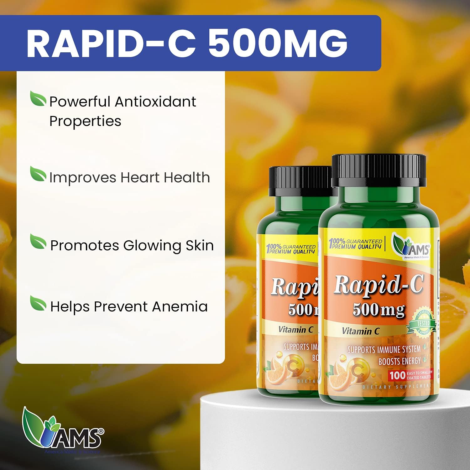 2 Pack America Medic & Science Rapid-C 500mg Vitamin C Supplements - Boost Energy & Support Immune System with Antioxidants - Vegan & Non-GMO Tablets for Adults