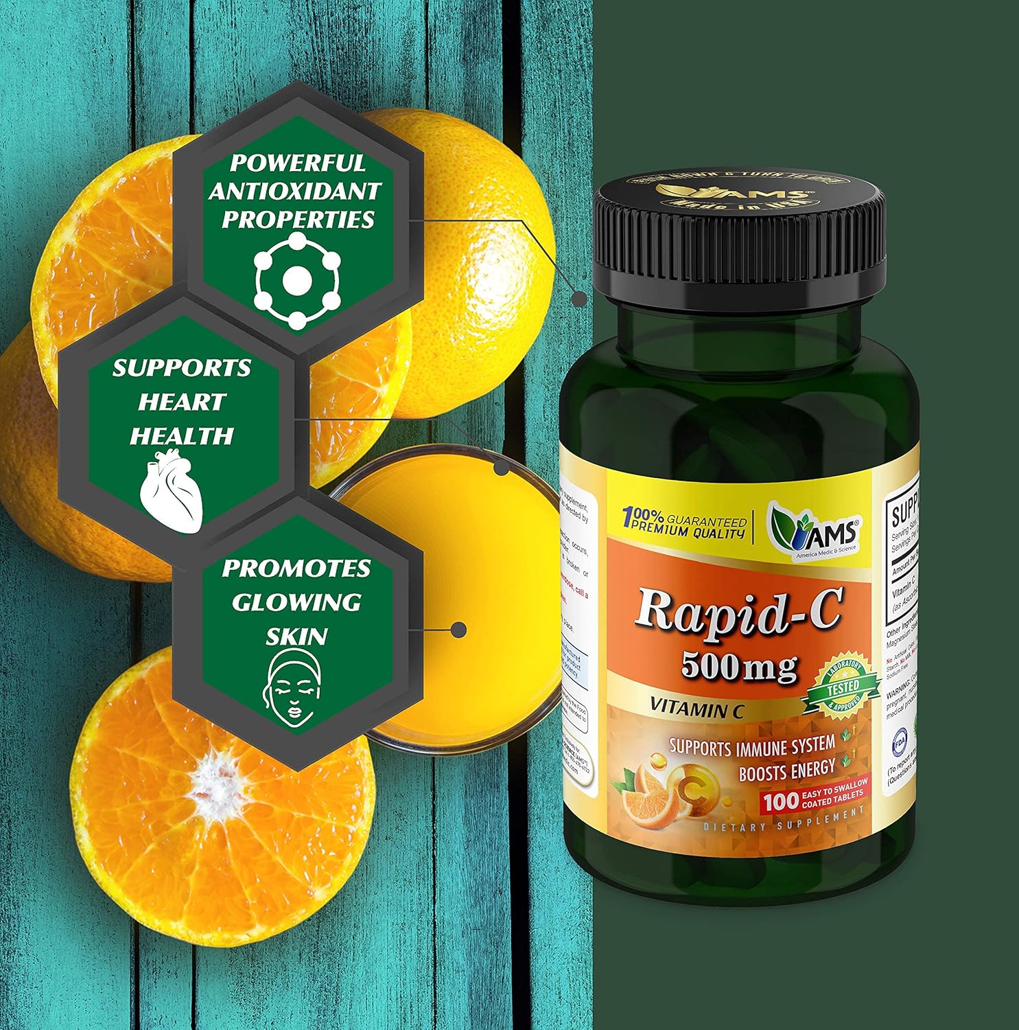 2 Pack America Medic & Science Rapid-C 500mg Vitamin C Supplements - Boost Energy & Support Immune System with Antioxidants - Vegan & Non-GMO Tablets for Adults