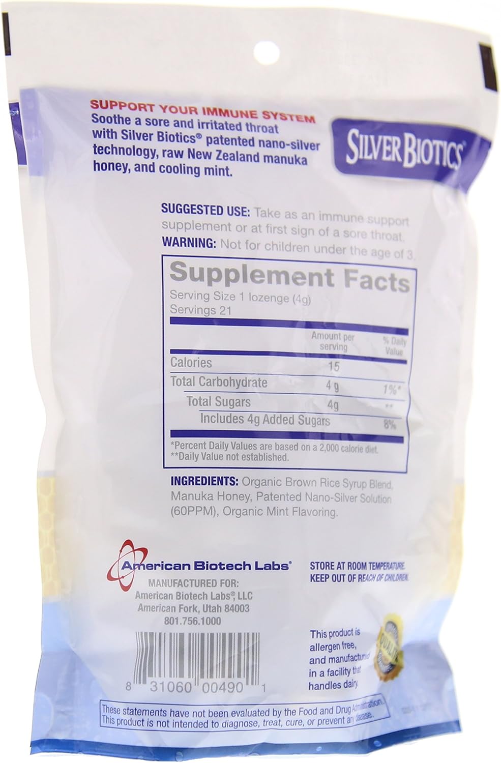 2-Pack American Biotech Labs Silver Biotics Manuka Mint Lozenges with 60ppm SilverSol and Honey - 42 Count
