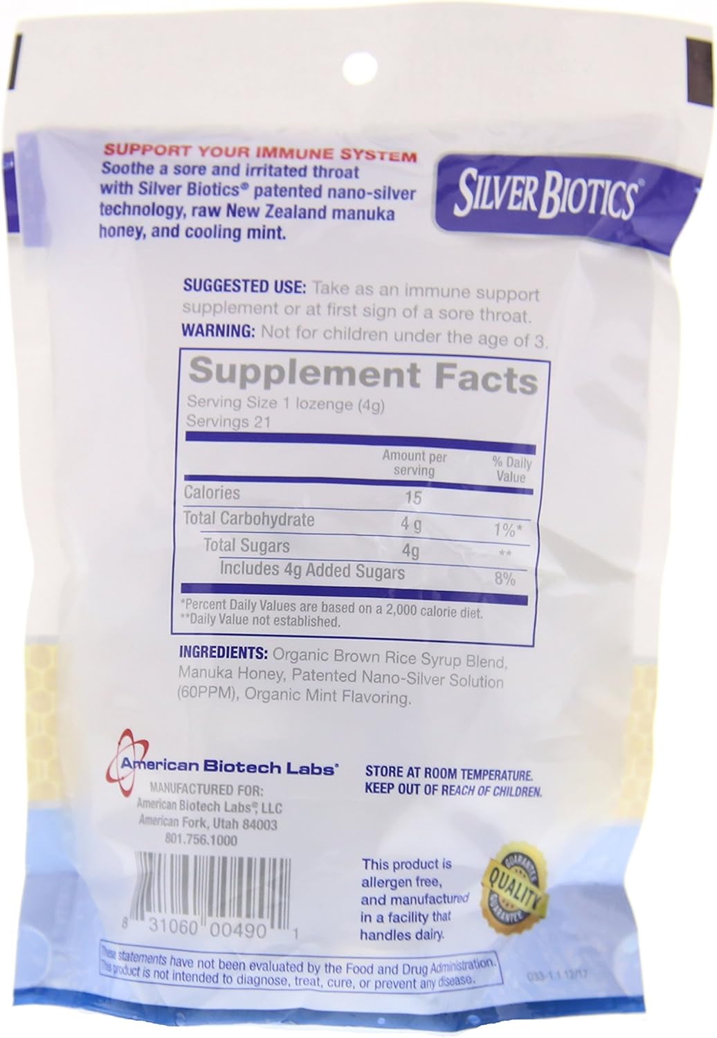 2-Pack American Biotech Labs Silver Biotics Manuka Mint Lozenges with 60ppm SilverSol and Honey - 42 Count