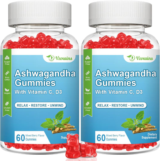 2 Pack Ashwagandha and Vitamin D Gummies with Vitamin C for Calm Mood, Relaxation, and Immune Support - 120 Mixed Berry Gummies for Men and Women