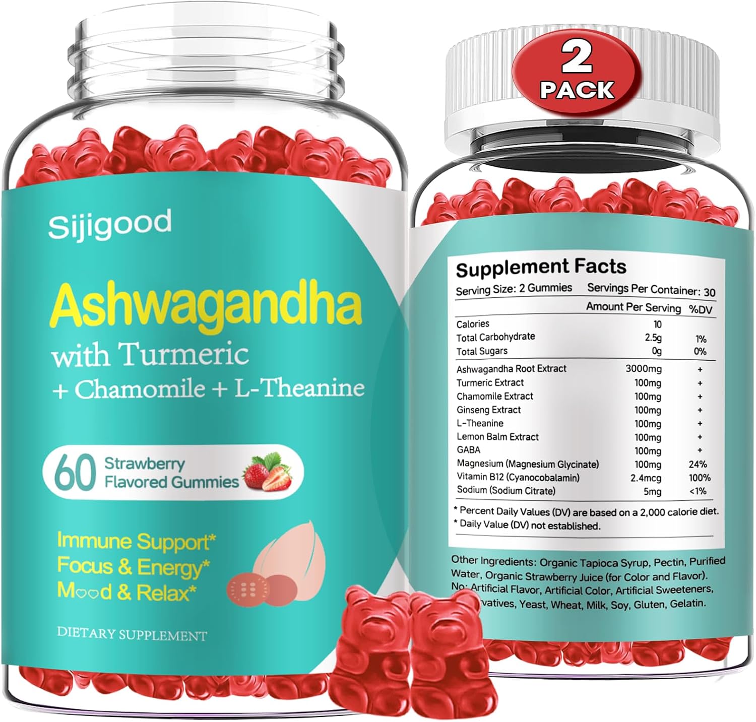 2 Pack Ashwagandha Gummies with L-Theanine for Stress Relief - 120 Strawberry Flavored Supplement Gummies for Men and Women