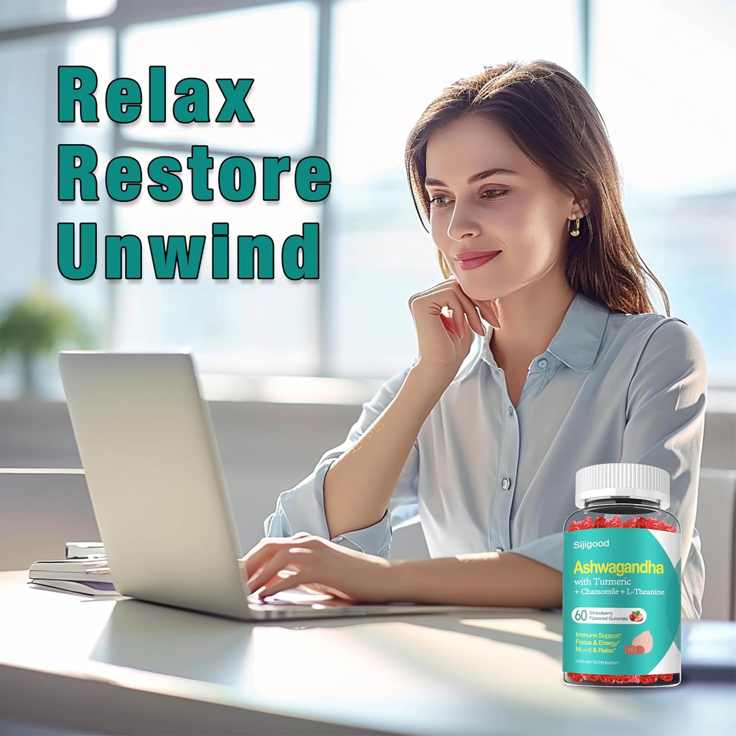 2 Pack Ashwagandha Gummies with L-Theanine for Stress Relief - 120 Strawberry Flavored Supplement Gummies for Men and Women