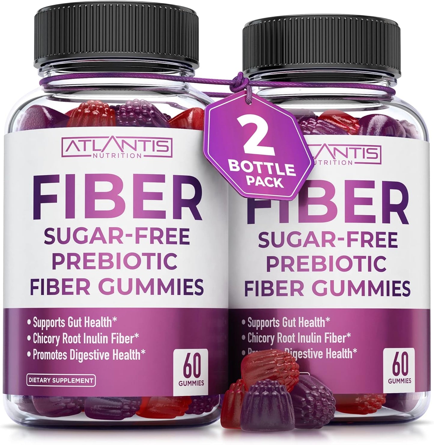 2-Pack Atlantis Nutrition Sugar-Free Prebiotic Fiber Gummies for Adults with Vitamin D3 - 300 Gummies Total