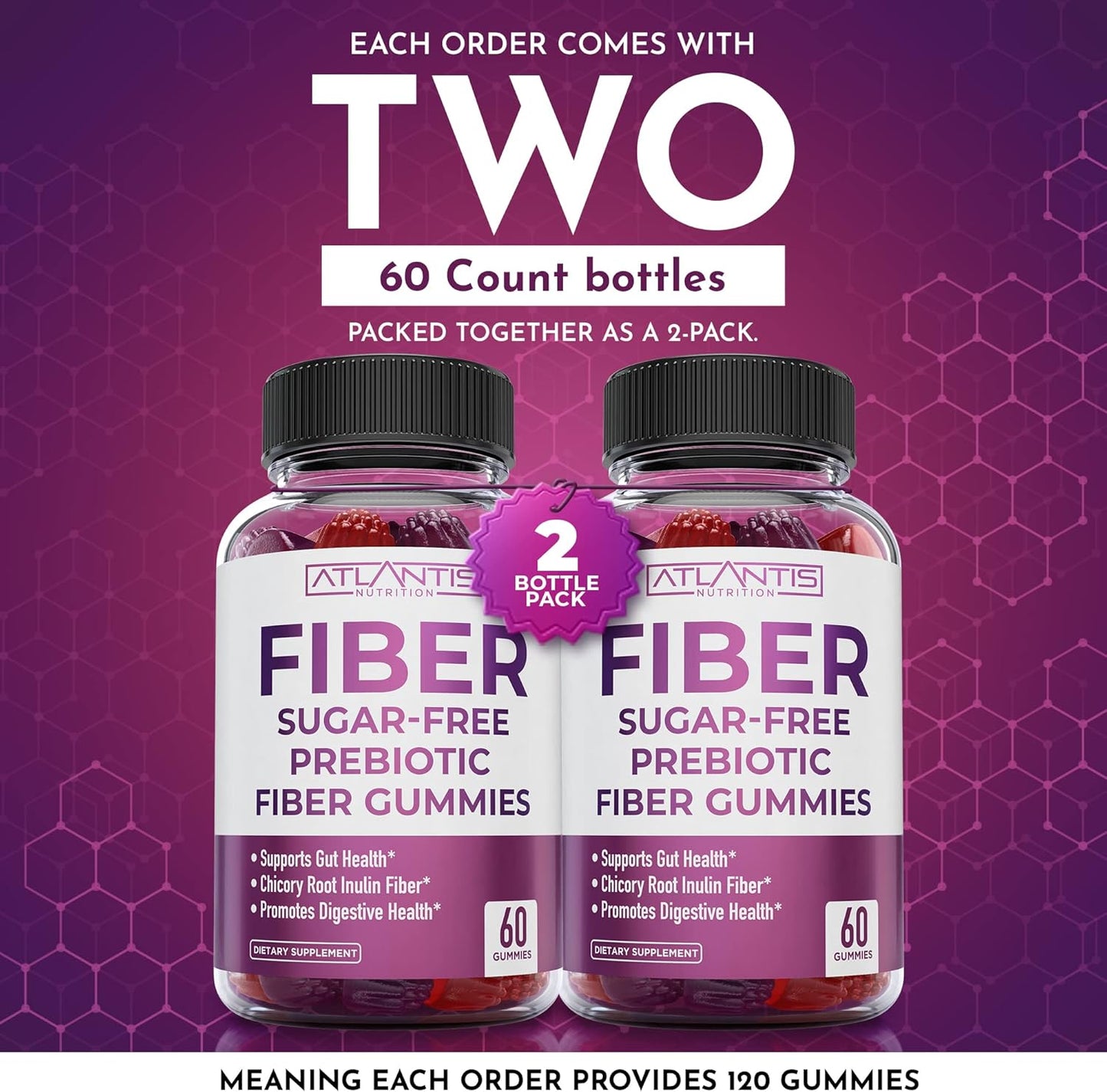 2-Pack Atlantis Nutrition Sugar Free Prebiotic Fiber Gummies with Strength & Stamina Enhancer - 120 Gummies for Adults