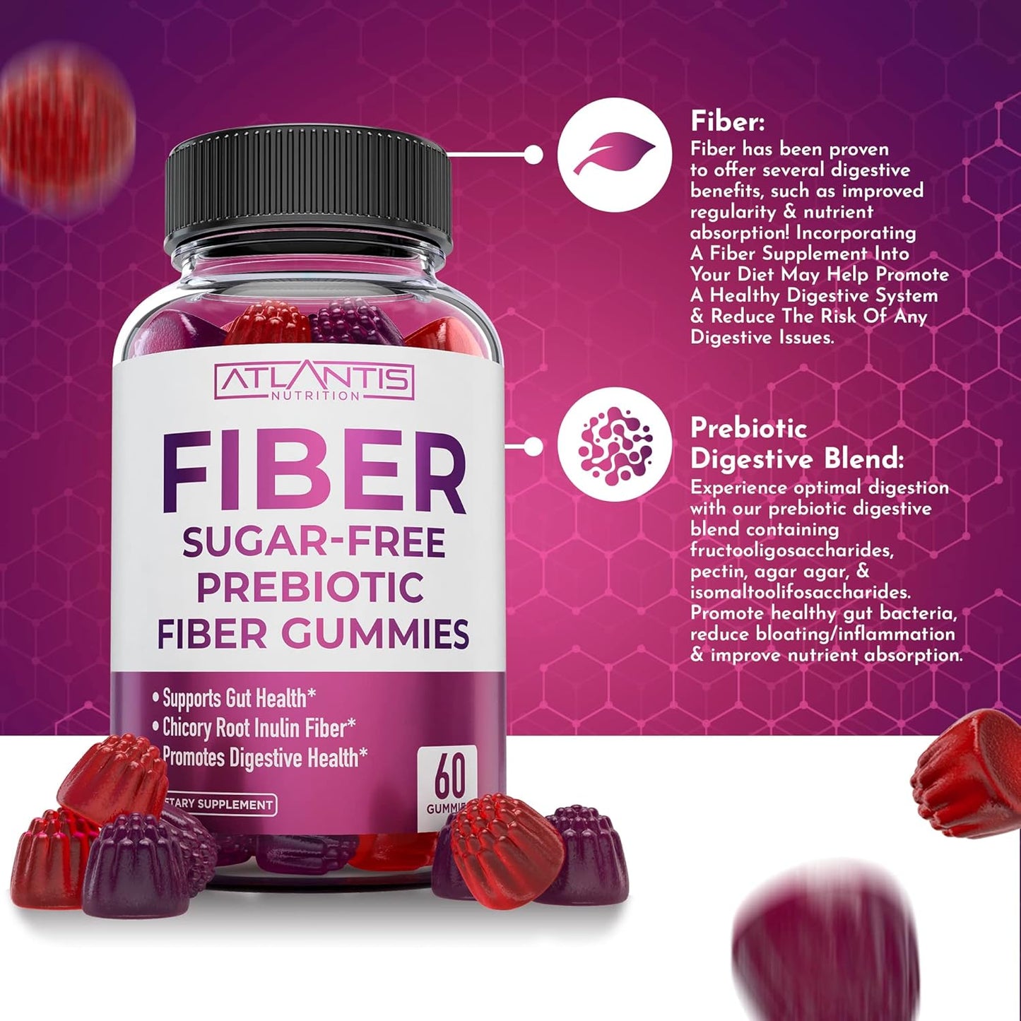 2-Pack Atlantis Nutrition Sugar Free Prebiotic Fiber Gummies with Strength & Stamina Enhancer - 120 Gummies for Adults