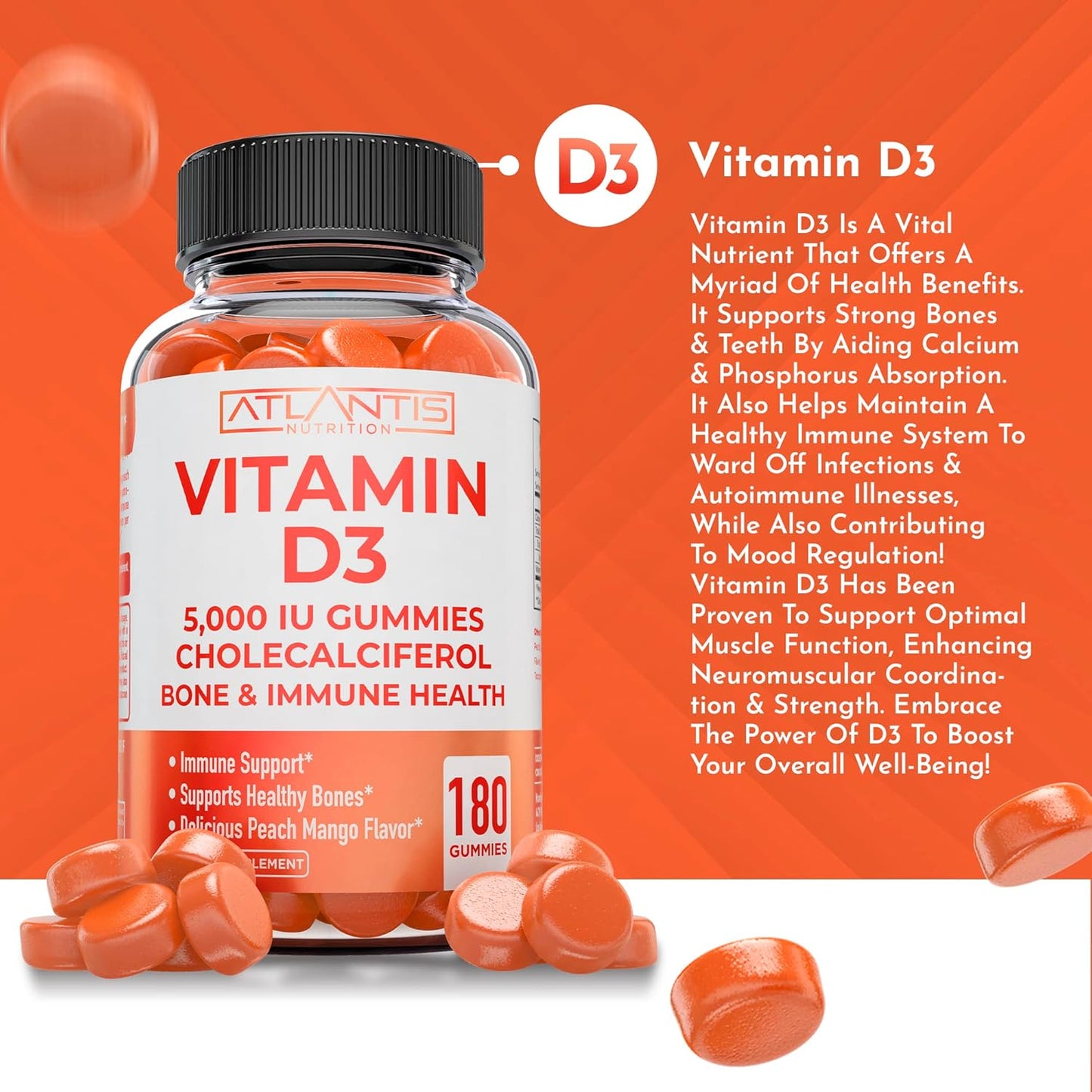 2-Pack Atlantis Nutrition Sugar-Free Prebiotic Fiber Gummies for Adults with Vitamin D3 - 300 Gummies Total