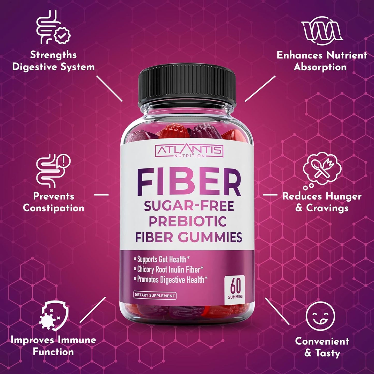 2-Pack Atlantis Nutrition Sugar Free Prebiotic Fiber Gummies with Strength & Stamina Enhancer - 120 Gummies for Adults