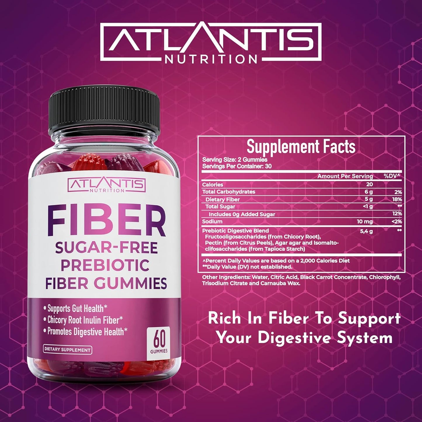 2-Pack Atlantis Nutrition Sugar-Free Prebiotic Fiber Gummies for Adults with Vitamin D3 - 300 Gummies Total